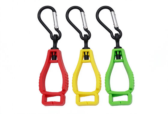 คลิปถุงมือพลาสติกหลายสีที่มีตะขอคาราบีนเนอร์ ผู้ถือถุงมืองานความปลอดภัยสําหรับคนงานก่อสร้าง